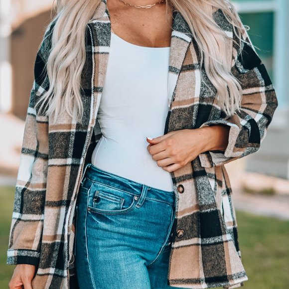 None Jackets & Blazers - Plaid Printed Button Up Shirt Jacket Shacket Flannel with Pockets